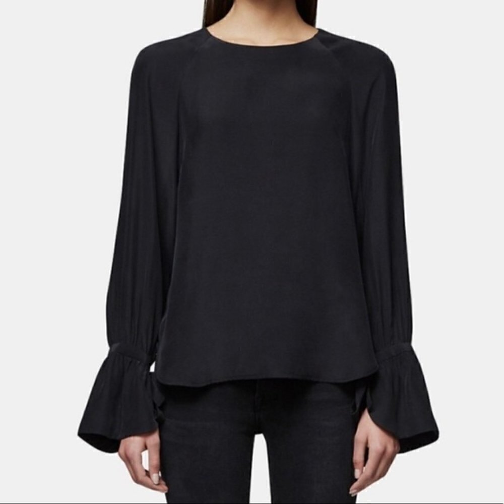 FRAME 100% Silk Voluminous Cuff Long Bell Sleeve Blouse Shirt Top Black Sz Small